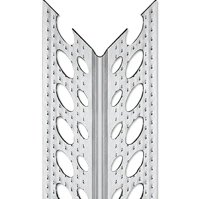 Catnic Trockenbau-Eckprofil - 2,5 m x 23,5 mm x 23,5 mm, Aluminium - Detailaufnahme einer Eckschutzschiene aus Metall mit Löchern, die für Putzarbeiten verwendet wird.