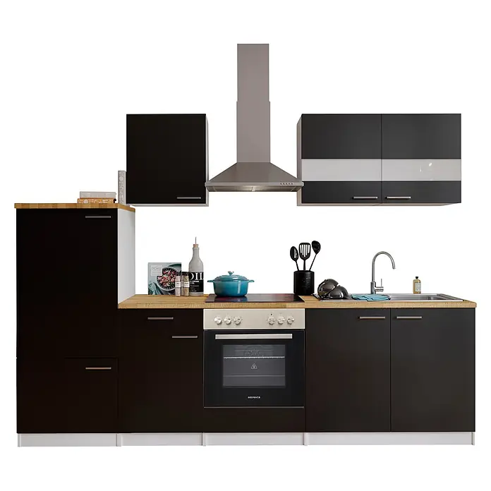 Respekta Küchenzeile Malia - Breite: 270 cm, Schwarz, Mit Elektrogeräten, Dekor Arbeitsplatte: Holzoptik, Volumen Backofen: 72 l - Moderne dunkle Küchenzeile mit Holzplatte, Edelstahlelementen wie Backofen und Dunstabzugshaube, Spüle und Küchenzubehör.