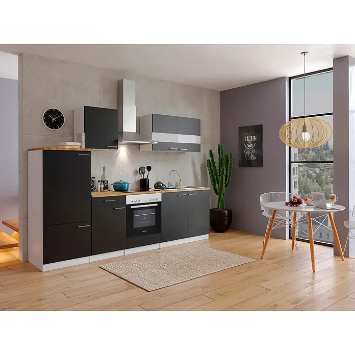 Respekta Küchenzeile Malia - Breite: 270 cm, Schwarz, Mit Elektrogeräten, Dekor Arbeitsplatte: Holzoptik, Volumen Backofen: 72 l - Moderne Küche mit dunkelgrauen Schränken, Holztheke, Beton-Optik Wand und Essbereich.