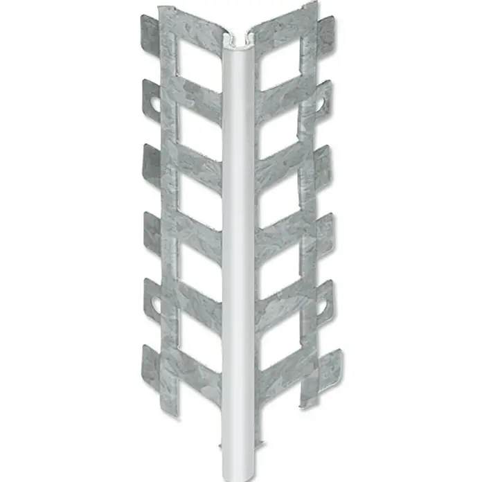 Catnic Putzeckprofil - Länge: 250 cm, Passend für: 10 mm Putzstärke, Stahl, Mit PVC-Kante - Ein Eckprofil aus Metall mit Löchern und einem weißen Kunststoffkern, das für den Schutz und die Verstärkung von Ecken verwendet wird.