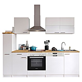 Respekta Singleküche Malia (Breite: 250 cm, Weiß, Dekor Arbeitsplatte: Holzoptik, Volumen Backofen: 72 l)