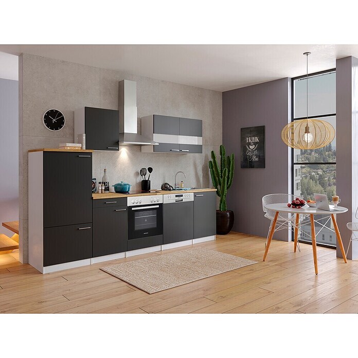 Respekta Küchenzeile KB280WSC (Breite: 280 cm, Mit Elektrogeräten, Schwarz)