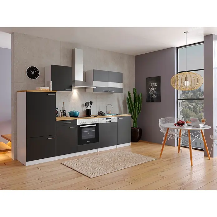 Respekta Küchenzeile Malia - Breite: 280 cm, Schwarz, Mit Elektrogeräten, Dekor Arbeitsplatte: Holzoptik, Volumen Backofen: 72 l - Moderne dunkelgraue Küchenzeile mit heller Holzarbeitsplatte, integriertem Backofen, Kochfeld, Spüle und Geschirrspüler in offenem Raum.