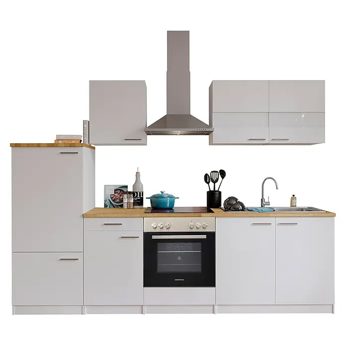 Respekta Küchenzeile Malia - Breite: 270 cm, Weiß, Mit Elektrogeräten, Dekor Arbeitsplatte: Holzoptik, Volumen Backofen: 72 l - Weiße Küchenzeile mit Holz-Arbeitsplatte, integriertem Kochfeld, Backofen, Spüle und Dunstabzugshaube, dekoriert mit türkisfarbenem Topf, Gewürzen und Utensilien.