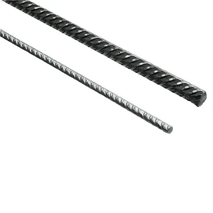 Catnic Torstahl - Durchmesser: 8 mm, Länge: 2 m - Detailaufnahme von zwei gerippten Bewehrungsstäben aus Stahl unterschiedlicher Dicke vor einem weißen Hintergrund.