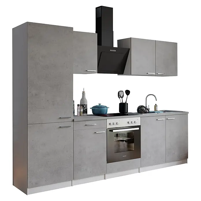 Respekta Küchenzeile Malia Typ 1 - Breite: 270 cm, Beton, Mit Elektrogeräten - Graue Küchenzeile in Betonoptik mit integrierter schwarzer Dunstabzugshaube, Kochfeld, Backofen und Spüle.