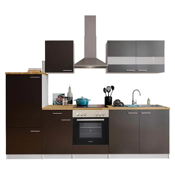 Respekta Küchenzeile Malia - Breite: 270 cm, Grau, Mit Elektrogeräten, Dekor Arbeitsplatte: Holzoptik, Volumen Backofen: 72 l - Kompakte dunkelbraune und graue Küchenzeile mit Holzplatte, integriertem Backofen, Kochfeld, Spüle und Dunstabzugshaube.
