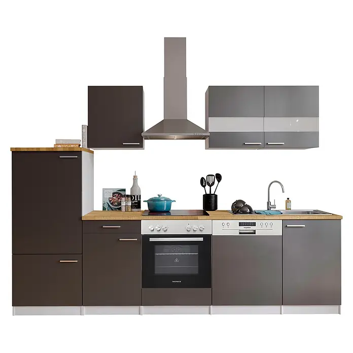 Respekta Küchenzeile Malia - Breite: 280 cm, Grau, Mit Elektrogeräten, Dekor Arbeitsplatte: Holzoptik, Volumen Backofen: 72 l - Moderne Küchenzeile mit dunkelgrauen Schränken, hellen Holztheken, Edelstahlgeräten und Küchenzubehör.