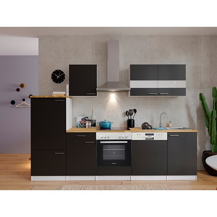 Respekta Küchenzeile KB280WSC (Breite: 280 cm, Mit Elektrogeräten, Schwarz)