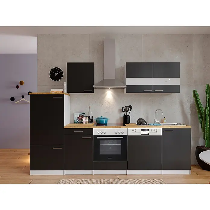 Respekta Küchenzeile Malia - Breite: 280 cm, Schwarz, Mit Elektrogeräten, Dekor Arbeitsplatte: Holzoptik, Volumen Backofen: 72 l - Moderne Einbauküche in Schwarz-Weiß mit heller Holztheke und Edelstahlgeräten, in einem modernen Ambiente.