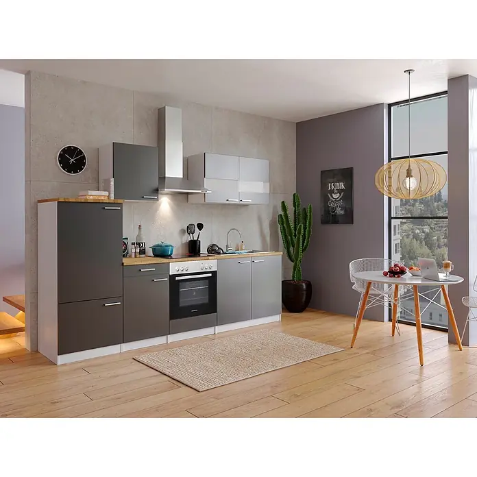 Respekta Küchenzeile Malia - Breite: 270 cm, Grau, Mit Elektrogeräten, Dekor Arbeitsplatte: Holzoptik, Volumen Backofen: 72 l - Moderne Küche in Grau und Hellgrau mit Arbeitsplatten aus Holz, integrierten Geräten und kompaktem Essbereich.
