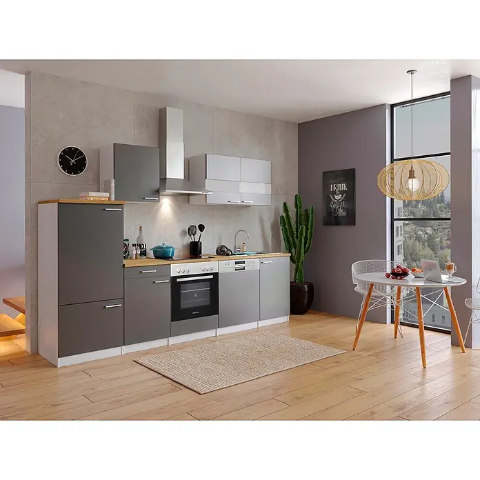 Respekta Küchenzeile Malia - Breite: 280 cm, Grau, Mit Elektrogeräten, Dekor Arbeitsplatte: Holzoptik, Volumen Backofen: 72 l - Moderne Küche mit grauen und hellgrauen Schränken, Holzarbeitsplatten und integrierten Geräten in einem geräumigen Zimmer mit Essbereich.
