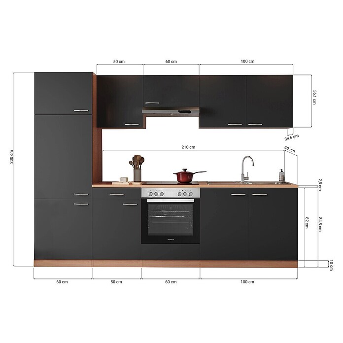 Respekta Küchenzeile KB270BGEC (Breite: 270 cm, Mit Elektrogeräten, Grau)