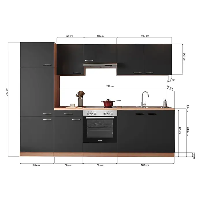 Respekta Küchenzeile Gerda - Breite: 270 cm, Grau, Mit Elektrogeräten, Volumen Backofen: 72 l - Moderne anthrazitfarbene Küchenzeile mit hellen Holzelementen, Hochschrank, Unter- und Oberschränken, Herd und Spüle.