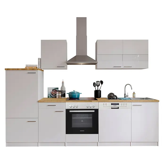 Respekta Küchenzeile Malia - Breite: 280 cm, Weiß, Mit Elektrogeräten, Dekor Arbeitsplatte: Holzoptik, Volumen Backofen: 72 l - Weiße Küchenzeile mit Holz-Arbeitsplatten, integriertem Backofen, Kochfeld, Spüle, Geschirrspüler, Hängeschränken und Dunstabzugshaube.