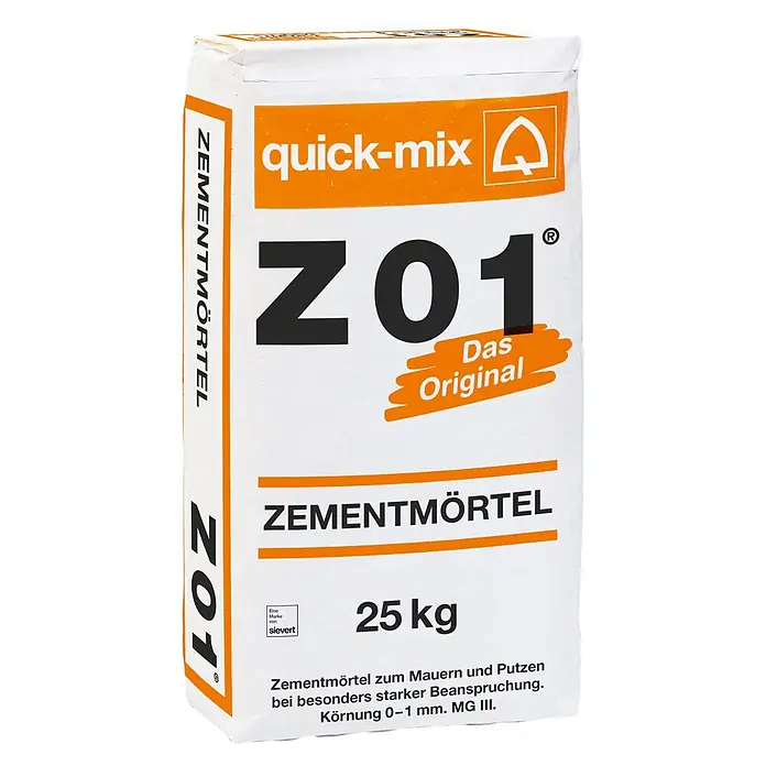 Quick-Mix Zementmörtel Z01 - 25 kg - quick-mix Z01 Zementmörtel, 25 kg Sack, weiß mit orangefarbener Beschriftung. Für Mauer- und Putzarbeiten.