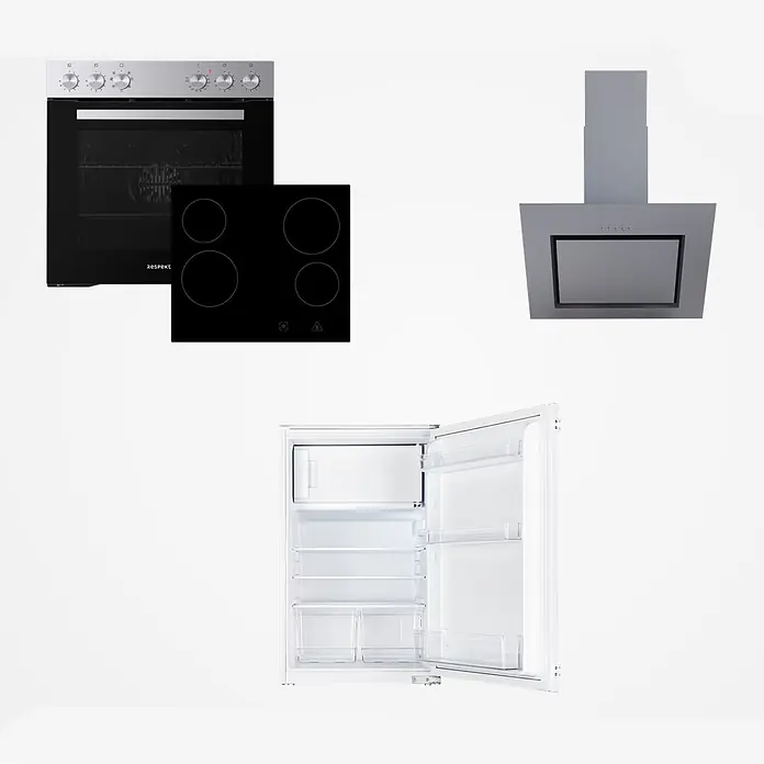 Respekta Singleküche Merle Typ 1 - Breite: 270 cm, Weiß, Mit Elektrogeräten, Volumen Backofen: 72 l - Ein Set Küchengeräte: schwarzer Backofen, schwarzes Vier-Zonen-Kochfeld, graue Dunstabzugshaube und offener weißer Kompaktkühlschrank.