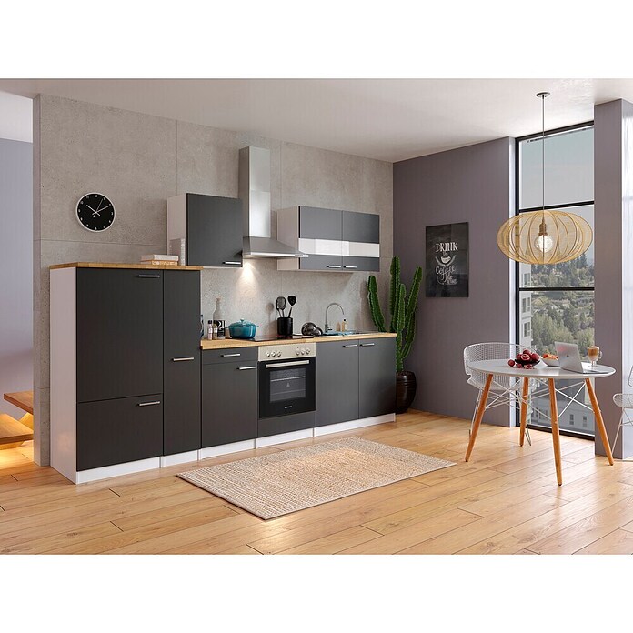 Respekta Küchenzeile KB300WSC (Breite: 300 cm, Mit Elektrogeräten, Schwarz)