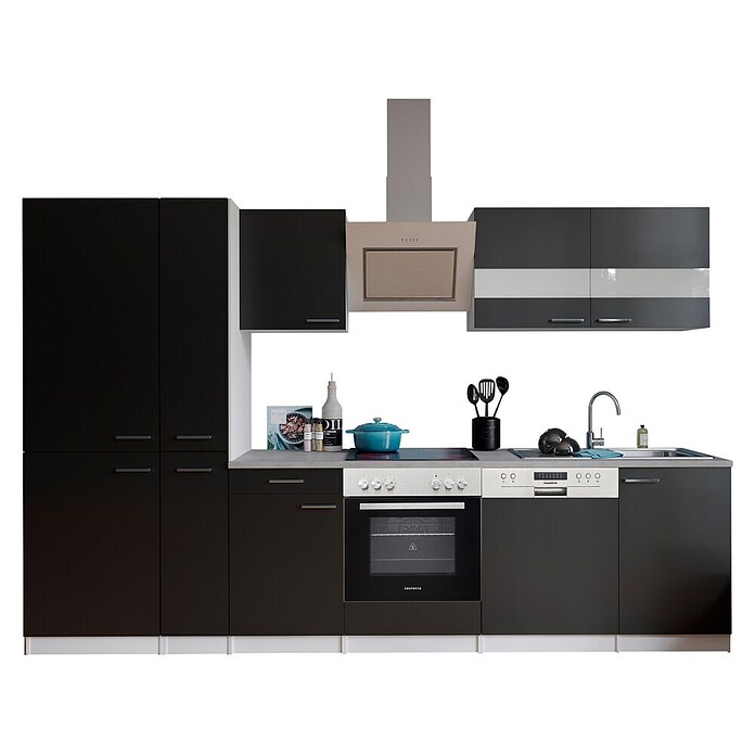 Respekta Küchenzeile KB310WSCGKE178 (Breite: 310 cm, Mit Elektrogeräten, Schwarz)