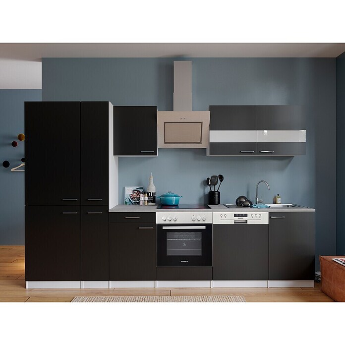 Respekta Küchenzeile KB310WSCGKE178 (Breite: 310 cm, Mit Elektrogeräten, Schwarz)