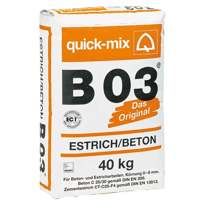 Quick-Mix Estrichbeton B03 - 40 kg - Weißer quick-mix B03 40 kg Estrich- und Betonsack mit orange-schwarzer Schrift.