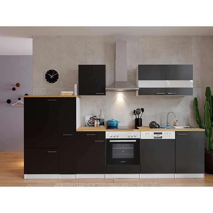 Respekta Küchenzeile KB310WSC (Breite: 310 cm, Mit Elektrogeräten, Schwarz)
