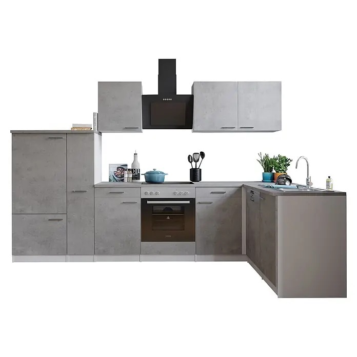 Respekta Winkelküche Malia Typ 2 - B x T: 310 x 172 cm, Beton, Mit Elektrogeräten - Einbauküche in heller Betonoptik mit dunklen Geräten, Spüle und Küchenutensilien.