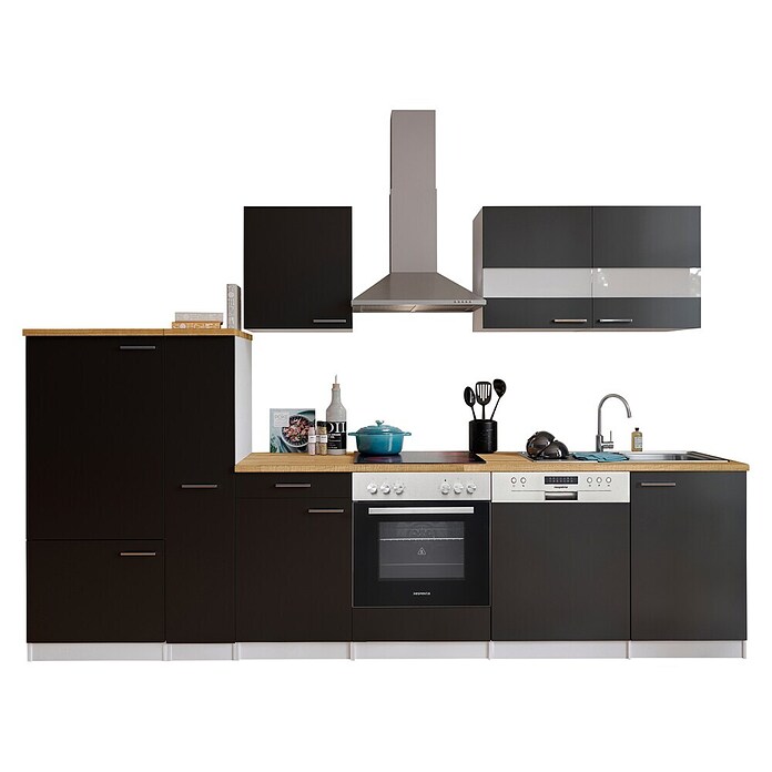 Respekta Küchenzeile KB310WSC (Breite: 310 cm, Mit Elektrogeräten, Schwarz)