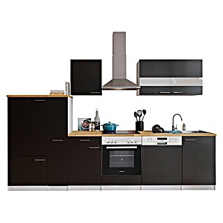 Respekta Küchenzeile Malia (Breite: 310 cm, Schwarz, Mit Elektrogeräten, Dekor Arbeitsplatte: Holzoptik, Volumen Backofen: 72 l)