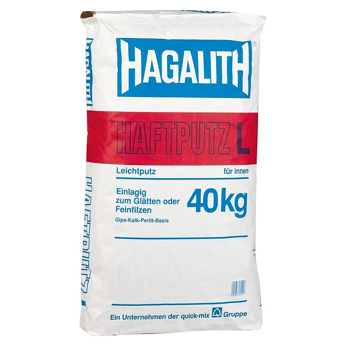 Quick-Mix Hagalith Haftputzgips L - 40 kg, Gips - Weißer 40kg Sack HAGALITH HAFTPUTZ L Leichtputz für innen, Gips-Kalk-Perlit-Basis zum Glätten.
