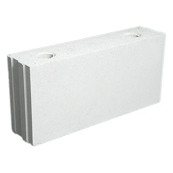 Kalksandstein Lochstein 8DF - 49,8 x 11,5 x 23,8 cm - Ein einzelner, weißer Porenbetonstein mit zwei Löchern und Rillen. Ideal für den Bau von Innenwänden und zur Wärmedämmung.