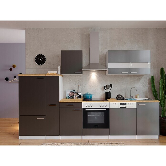 Respekta Küchenzeile KB310WGC (Breite: 310 cm, Mit Elektrogeräten, Grau)
