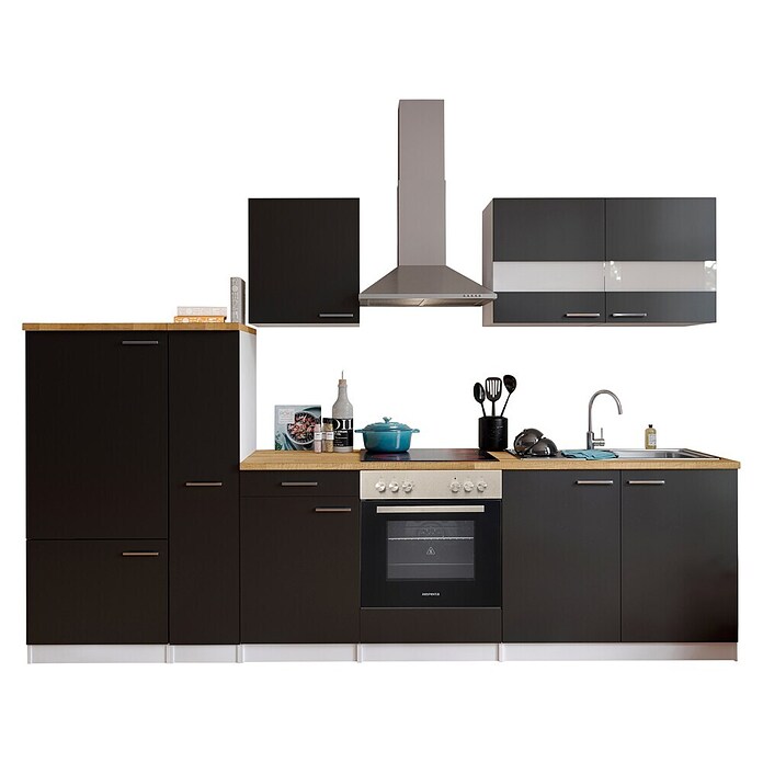 Respekta Küchenzeile KB300WSC (Breite: 300 cm, Mit Elektrogeräten, Schwarz)