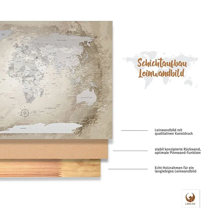 LanaKK Leinwandbild - Weltkarte, B x H: 100 x 70 cm - Schichtaufbau Leinwandbild: Sepia-Weltkarte, stabile Rückwand für Pinnfunktion und Echtholzrahmen.