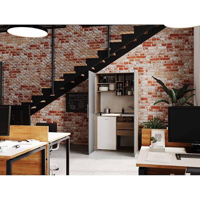 Respekta Schrankküche Peter (Breite: 104 cm, Grau/Eiche, Mit Duo-Kochmulde und Kühlschrank) | BAUHAUS