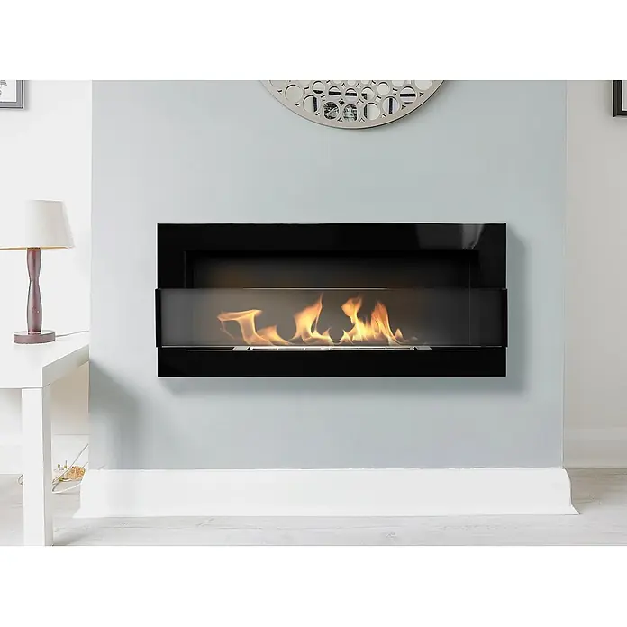 Bysil Kaminofen Bioethanol Wandkamin 90×40 cm, TÜV-Brenner 0,75 l, Schwarz Hochglanz - Material Verkleidung: Stahl