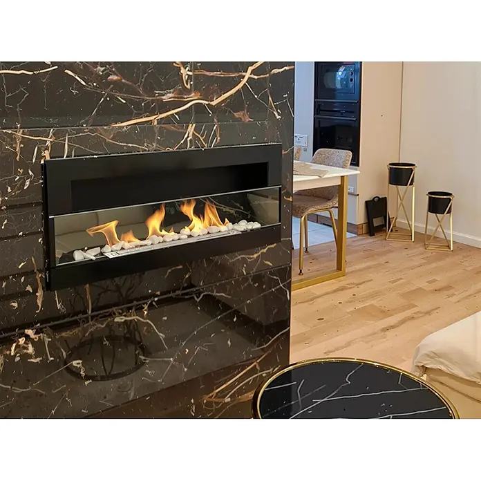 Bysil Kaminofen Bioethanol Wandkamin 90×40 cm, TÜV-Brenner 0,75 l, Schwarz Hochglanz - Material Verkleidung: Stahl