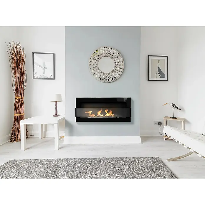 Bysil Kaminofen Bioethanol Wandkamin 90×40 cm, TÜV-Brenner 0,75 l, Schwarz Hochglanz - Material Verkleidung: Stahl