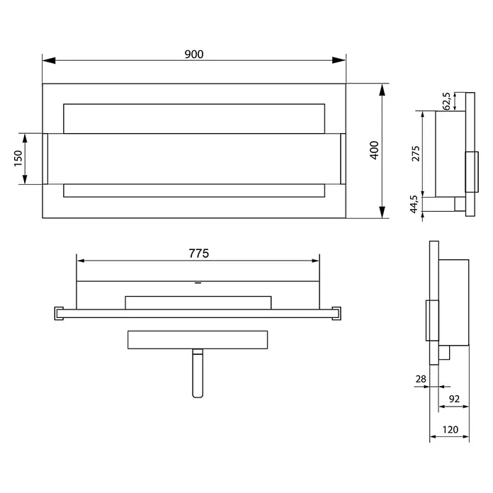 Bysil Kaminofen Bioethanol Wandkamin 90×40 cm, TÜV-Brenner 0,75 l, Schwarz Hochglanz - Material Verkleidung: Stahl