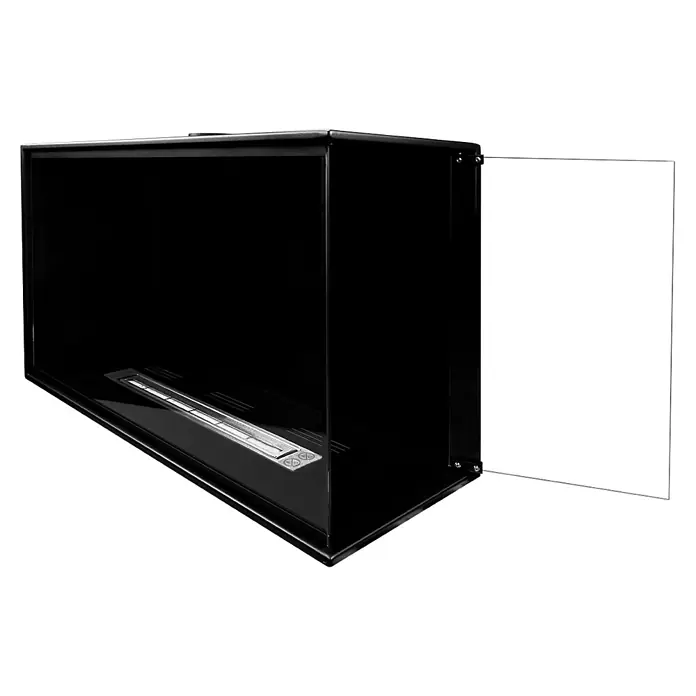 Bysil Kaminofen - Material Verkleidung: Stahl - Schwarzer Bioethanol-Kamin mit silbernem Brenner und klarer Glasschutzscheibe.