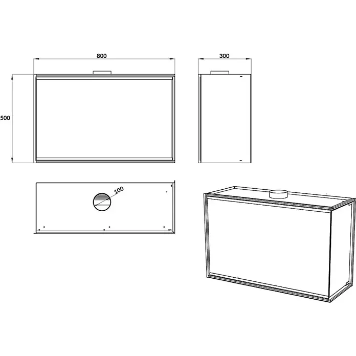 Bysil Kaminofen - Material Verkleidung: Stahl - Technische Zeichnung eines rechteckigen Schranks, 800x500x300mm, mit 100mm oberer Öffnung.