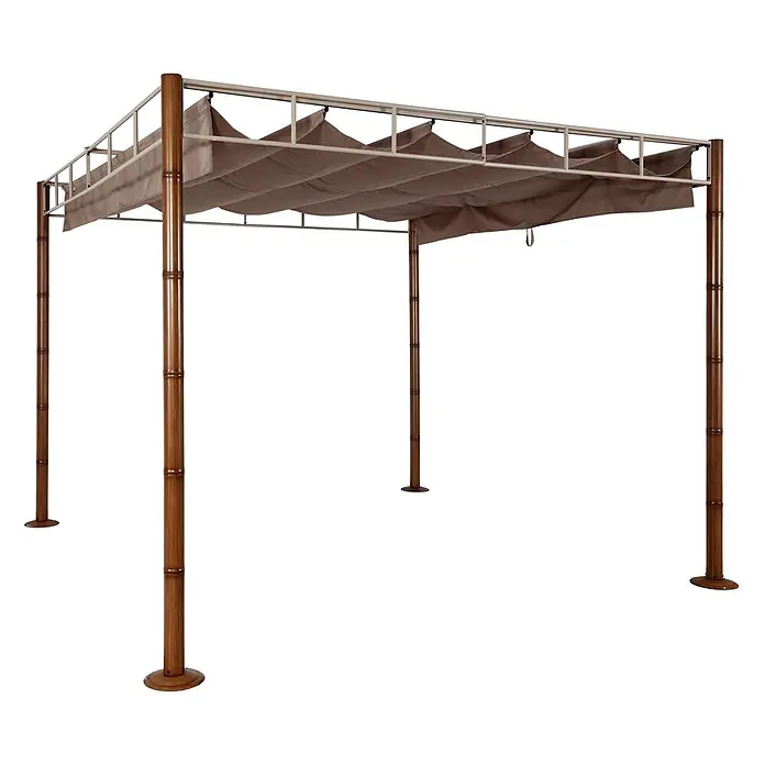Berlinlodge Raffpavillon 7cm-Metall-Gestell Bambus-Optik - B x T: 300 x 300 cm, Farbe Dach: Taupe-Braun - Pergola mit dunkelbraunen Bambus-Pfosten und einem hellbraunen, einziehbaren Stoffdach.