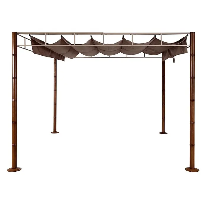 Berlinlodge Raffpavillon 7cm-Metall-Gestell Bambus-Optik - B x T: 300 x 300 cm, Farbe Dach: Taupe-Braun - Braune Pergola mit ausziehbarer Stoffüberdachung und Bambuspfosten.
