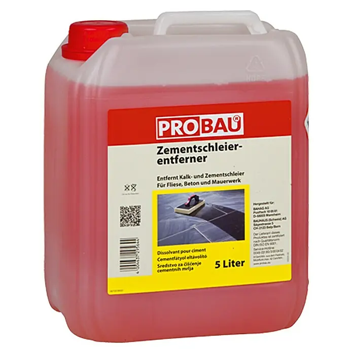 Probau Zementschleierentferner - 5 l - Bild eines 5-Liter-Kanisters Probau Zementschleierentferner, ideal zum Entfernen von Kalk- und Zementschleier auf Fliesen, Beton und Mauerwerk.