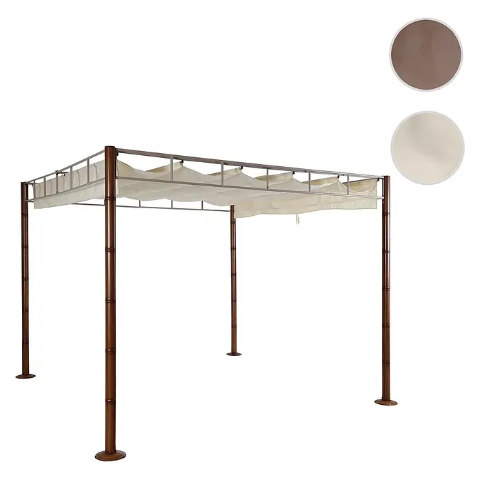 Berlinlodge Raffpavillon 7cm-Metall-Gestell Bambus-Optik - B x T: 300 x 300 cm, Farbe Dach: Taupe-Braun - Pergola mit braunem Bambus-Gestell und ausziehbarem cremefarbenem Dach, dargestellt mit braunen und cremefarbenen Stoffmustern.