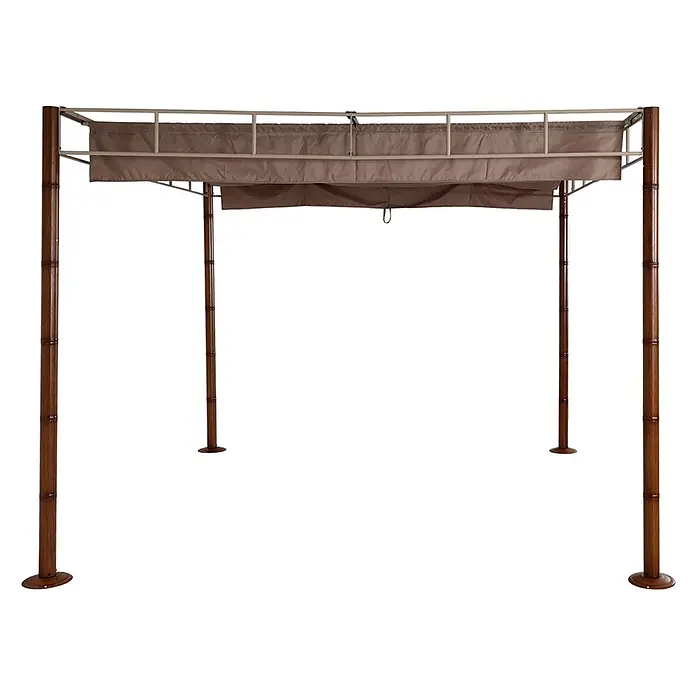 Berlinlodge Raffpavillon 7cm-Metall-Gestell Bambus-Optik - B x T: 300 x 300 cm, Farbe Dach: Taupe-Braun - Brauner Pavillon in Bambusoptik mit beigem Stoffdach und hellem Metallrahmen.
