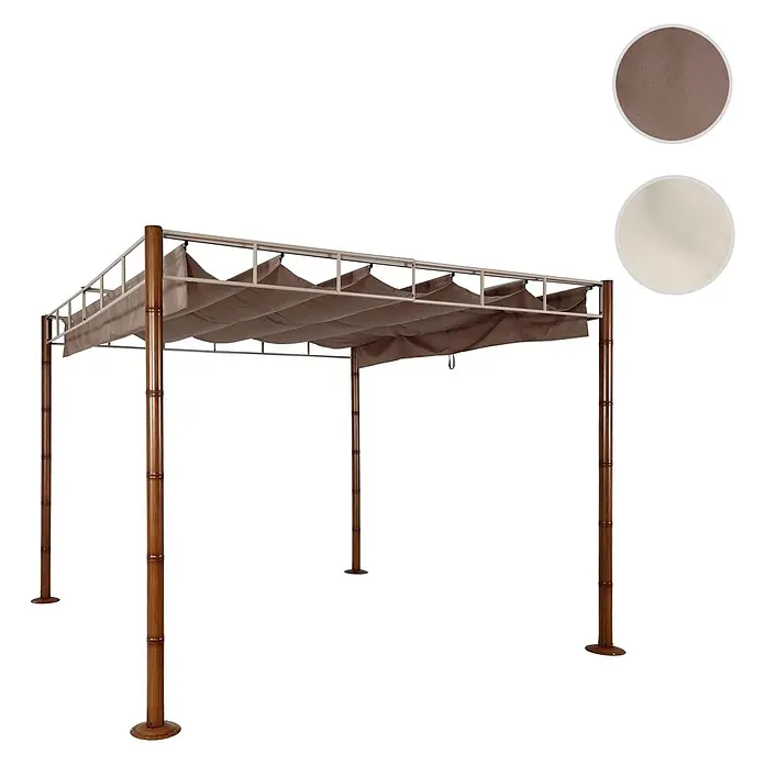 Berlinlodge Raffpavillon 7cm-Metall-Gestell Bambus-Optik - B x T: 300 x 300 cm, Farbe Dach: Taupe-Braun - Braune Pergola mit dunklen Bambus-Optik-Pfosten und ausziehbarer Stoffüberdachung. Inklusive Stofffarbmuster.