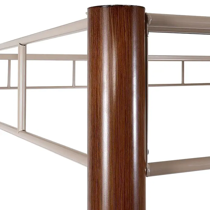 Berlinlodge Raffpavillon 7cm-Metall-Gestell Bambus-Optik - B x T: 300 x 300 cm, Farbe Dach: Taupe-Braun - Detail eines Metallbettgestells mit einer braunen Holzmaserungssäule und verbindenden hellbeigen Stützstangen.