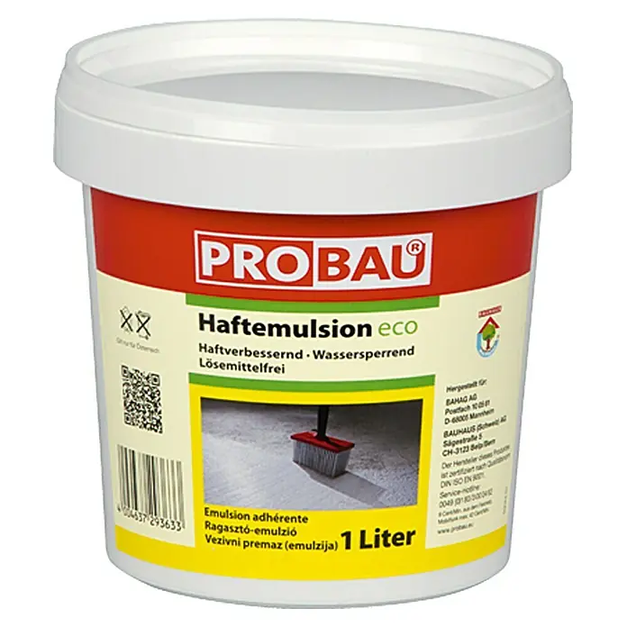 Probau eco Haftgrund - 1 l, Materialeignung: Zement - Abgebildet ist ein Eimer Probau Haftemulsion Eco, ein lösemittelfreier Haftvermittler und Wassersperre.