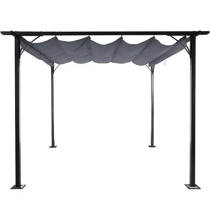 Berlinlodge Raffpavillon mit Schiebedach - B x T: 350 x 350 cm, Farbe Dach: Grau - Pergola mit dunklem Metallrahmen und grauem, einziehbarem Stoffdach für den Außenbereich.
